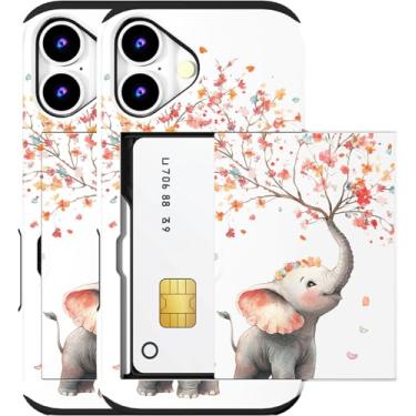 Imagem de MUQR Capa compatível com iPhone 16 com porta-cartão fofo - Design Kawaii, proteção contra quedas de nível militar, capa carteira robusta para mulheres (elefante branco pulverizando flores)