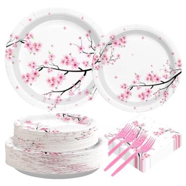 Imagem de 200 peças de artigos de festa em flor de cerejeira aquarela rosa pratos e guardanapos florais conjuntos de utensílios de mesa verão flor de cerejeira decorações de aniversário lembrancinhas para