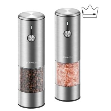 Imagem de Conjunto de moedor de pimenta elétrico e moedor de sal - Moedor automático recarregável por USB de grande capacidade com duas luzes LED, operação com uma mão e tampa deslizante - Aço inoxidável
