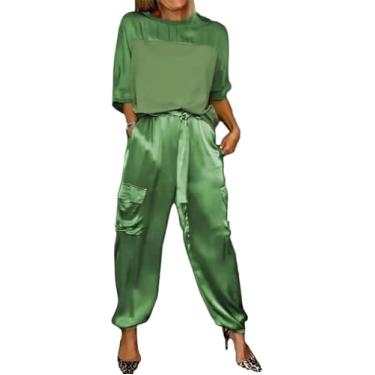 Imagem de Conjunto De Top E Calça De Meia Manga De Cetim Liso Para Mulheres Conjuntos De Jogger Para Mulheres Verão Casual Cetim 2 Peças Roupa, Green., 4XL