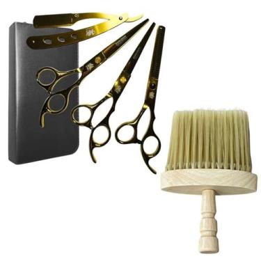 Imagem de Kit Tesouras Para Barbeiro Completo + Espanador Pincel Bege Cabo Madei