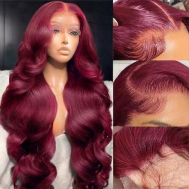 Imagem de RUOXUAN 99J Peruca Colorida Borgonha Cabelo Humano 33 x 15 Vermelho Borgonha Lace Front Perucas Cabelo Humano Densidade 200 Ondas Corporais Pré-Arrancadas 33x6 HD Lace Frontal Perucas Para Mulheres 76