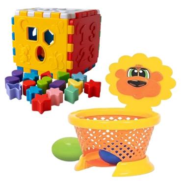Imagem de Kit Brinquedos Cubo Encaixe Formas Colorido Basquete Educativo Interativo Pedagógico Atividades para Bebês 6 Meses a 2 Anos Multicolorido Estimula Desenvolvimento