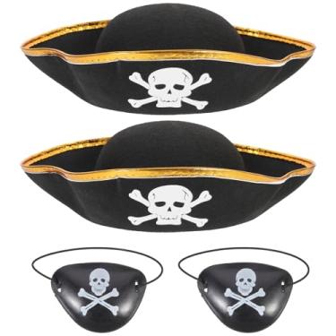 Imagem de SOLUSTRE 4 Peças de Chapéus E Tapa-olhos de Capitão Pirata: Bonés Com Estampa de Caveira, Tecido Preto, para Festa Pirata, Halloween, Dramatização