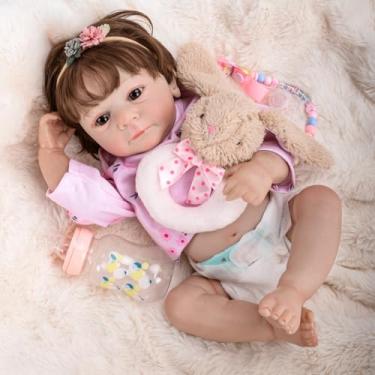 Imagem de Bebê Reborn Boneca Silicone Menina Realista Pintado Olho Castanho 48cm Com Acessórios