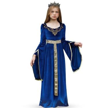 Imagem de BesserBay Vestido elegante de princesa renascentista medieval de Halloween para meninas 4 a 14 anos, Azul, 8 Anos
