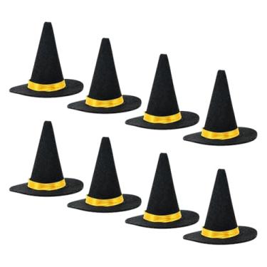Imagem de ccHuDE 8 peças de mini chapéus de bruxa pretos pequenos chapéus de bruxa de feltro minúsculos chapéus de bruxa de Halloween garrafa de vinho bonés de bruxa em miniatura enfeites de chapéu de bruxa