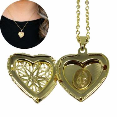 Imagem de Conjunto relicário coração com N. Sra. Graças folheado à ouro 18k 10 m