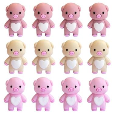 Imagem de AELUUAKE 12 peças de contas de silicone de porco 3D fofas personagens de porco contas focais berloques de borracha animal 3D artesanato artesanato espaçador solto a granel para canetas, chaveiros