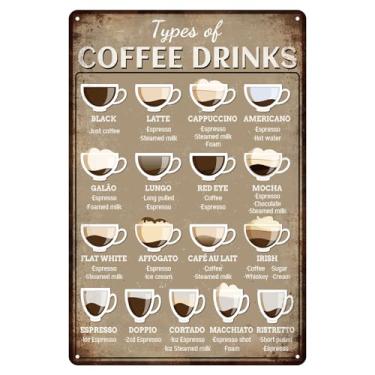 Imagem de GLOBLELAND Coffee Knowledge Menu Placa de metal em lata, 20 x 30 cm, "Tipos de bebidas de café", pintura vintage, placa de pôster de parede para café, cozinha, loja, estação, lounge, cafeteria