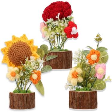 Imagem de ZJRDYYK Pacote com 3 vasos de flores de crochê, vaso de flores artificiais de malha, vasos de girassol de crochê, buquê de flores de crochê para mesa, escritório, carro, painel, janela, decoração de