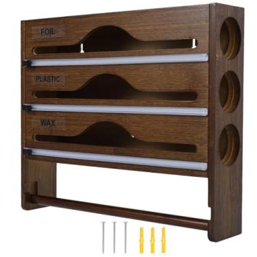 Imagem de ZJRDYYK Organizador de folha de bambu e plástico para envoltório plástico, cortador dispensador de papel de alumínio e cera, dispensador de filme aderente e cortador para rolo de 30 cm (marrom)