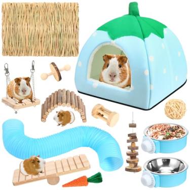 Imagem de Youyole Kit de esconderijo de porquinho-da-índia, 13 peças, cama de hamster, brinquedos de enriquecimento de coelho, túnel e gerbil, brinquedos para mastigar casa com tigela de ração para animais de