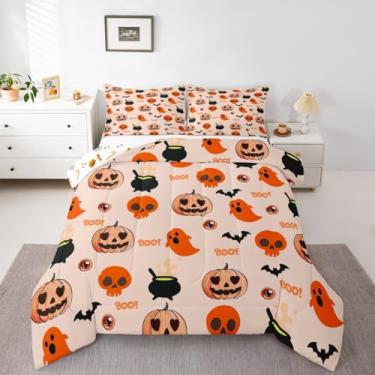 Imagem de jejeloiu Conjunto de cama macio para meninos e meninas, edredom de abóboras, tamanho casal, edredom de microfibra e morcego, 3 peças com 2 fronhas