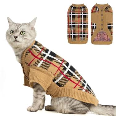 Imagem de EXPAWLORER Cardigã para gatos – Roupas elegantes de tricô para gatos, suéter xadrez estilo britânico macio com manga, roupas quentes para animais de estimação, casaco de gatinho outono inverno para