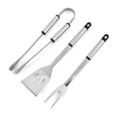 Imagem de Kit Churrasco Inox 3 Peças com Cabos de Madeira  Espátula, Pegador e G