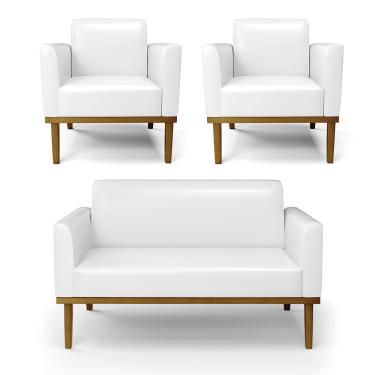 Imagem de Sofá Namoradeira com 2 Poltronas Base de Madeira Fixa Castanho Marisa Corano Branco  D03 - D'Rossi