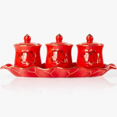 Imagem de QINLANG Conjunto de 3 copos de altar budista vermelho, conjunto de 3 copos de água budista, copos de cerâmica de oferta de água benta para altar