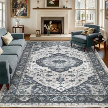 Imagem de Dotiiorug 22,5 x 30,5 cm tapetes laváveis vintage boho floral para sala de estar quarto, tapete antiderrapante de pelo baixo 049 azul bege