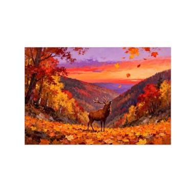 Imagem de Quadro parede outono-Árvore floresta cervo montanha Impressões em tela paisagens-Pintura animais para sala estar decoração fazenda 20x30cm Sem Moldura