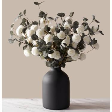 Imagem de Laelfe 10 flores Kiku + 5 cachos grandes de eucalipto, mães de pompon falsas de seda (hastes de flores de bola) - decoração para casa, enchimento de casamento, centros de mesa e arranjos de chuveiro