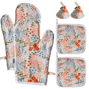 Imagem de Hausfrau Conjuntos de luvas de forno jacquard bordadas e suportes de panela com capa de cabo de ferro fundido, 6 peças, luvas de cozinha florais vintage resistentes ao calor, luvas de forno para assar