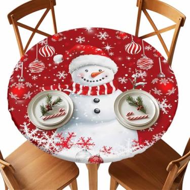 Imagem de Vandarllin Toalha de mesa redonda de Natal, boneco de neve, borda elástica, capa de mesa de plástico, impermeável, à prova de óleo para jantar, ao ar livre, piquenique, mesas de 91 a 111 cm, bolas