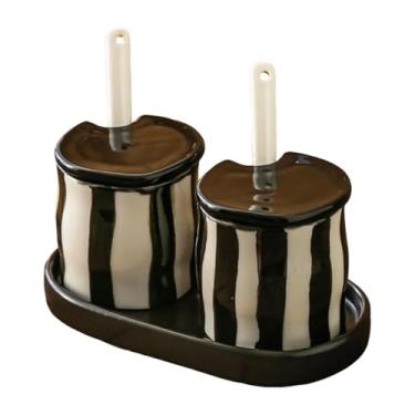 Imagem de MotiveTech Pote de condimento de porcelana com bandeja de cerâmica selada à prova de poeira, potes para condimentos domésticos, café, balcão de cozinha, Preto