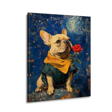 Imagem de CANLUNTE Impressão em tela abstrata de arte de parede de cachorro - decoração moderna de casa rosa e céu estrelado, pintura para animais de estimação para sala de estar, quarto, presente para amantes