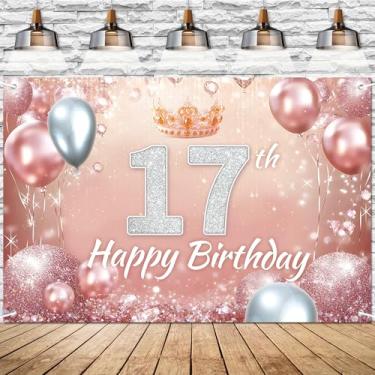Imagem de Faixa rosa rosa feliz aniversário 17 anos pano de fundo diamante glitter tema decoração de fundo para meninas princesa festa de aniversário decorações suprimentos 183 x 109 cm BECKTEN