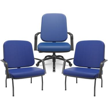 Imagem de Kit Cadeira De Escritório Giratória E 2 Cadeiras Fixas Preta Magno P03 Vinil Azul - Lyam Decor