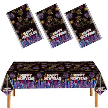 Imagem de FUULOXE Toalha de mesa de ano novo descartável de plástico feliz ano novo toalha de mesa colorida fogos de artifício para decoração de festa NYE suprimentos 3 peças 137 x 274 cm