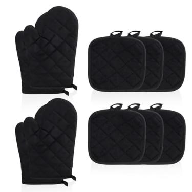 Imagem de Conjunto de luvas de forno e suportes de panela, 2 pares de luvas de forno de algodão grosso e 6 peças de suportes de panela com laços para pendurar, acessórios de cozinha antiderrapantes laváveis