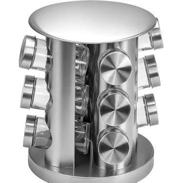 Imagem de Porta Temperos Giratório Inox com 12 Potes de Vidro Organizadores de Condimentos Cozinha