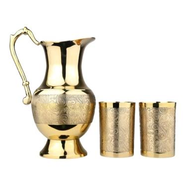 Imagem de Jarra de água de latão com 2 copos | Design tradicional gravado à mão | Utensílios de bebida ecológicos para saúde e decoração de casa