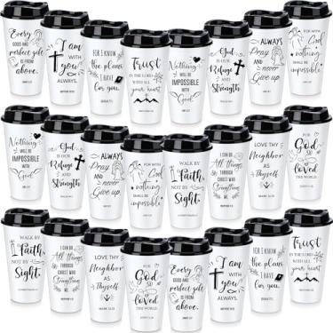 Imagem de Tioncy Presentes Cristãos Reutilizáveis para Mulheres Homens Versículo Bíblico Copos de Plástico com Tampas 473 ml Copos de Café Religiosos Inspiradores Presentes Cristãos para Igreja (Branco, 72