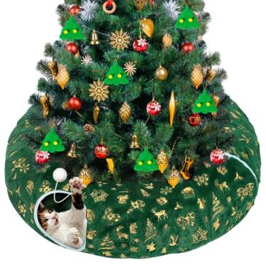 Imagem de Saia para árvore de Natal em túnel para gatos – Cama de rosquinha verde e dourada para gatos, protetor de árvore de Natal para gatos, acessórios para presentes de Natal