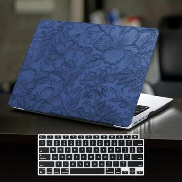 Imagem de DTangLsm Compatível com MacBook Air 13 polegadas 2022 2021 2020-2018 A2337 M1 A2179 A1932, capa rígida de couro retrô texturizada elegante para MacBook Air M1 + película de teclado, azul em relevo