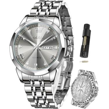 Imagem de OLEVS Relógios masculinos com diamante para negócios, analógico, quartzo, aço inoxidável, à prova d'água, luminoso, data, perfume, relógio de pulso luxuoso, moderno, 9931X cinza prateado, 9931X-silver
