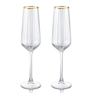 Imagem de Joeyan Taças de taças de champanhe de cristal sopradas à mão, taças de taça de torrada com aro dourado, taças de vinho listradas para festa de aniversário de casamento, aniversário, conjunto de 82 g