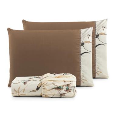 Imagem de Jogo de Lençol Casal Padrão 3 Peças Percal 180 Fios 90% Algodão com Elástico em Toda a Volta e Acabamento Refinado – Conforto, Durabilidade e Estilo (FLORAL CÁQUI)