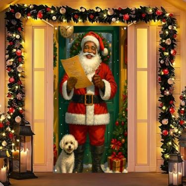 Imagem de BlissYard Capa de porta de Feliz Natal 188 x 89 cm decoração festiva para porta de varanda frontal bandeira de inverno Papai Noel com bichon frise caixa de presente sinal de festa de férias decoração