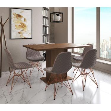 Imagem de Mesa Jantar Londres Retangular Amêndoa 137X90Cm 6 Cadeiras Estofadas Nude Médio Base Cobre