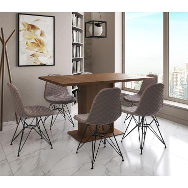 Imagem de Mesa Jantar Londres Retangular Amêndoa 137X90Cm 6 Cadeiras Estofadas Nude Médio Ferro Preto