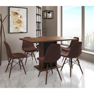 Imagem de Mesa Jantar Londres Retangular Amêndoa 137X90 Base Preta 6 Cadeiras Estofadas Caramelo Madeira