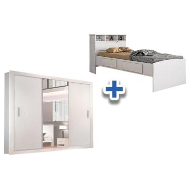 Imagem de Cama Solteiro Ravena + Colchão Orthocrin + Guarda Roupa Veneza Luxo Branco