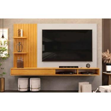 Imagem de Painel Home p/ TV até 60 Polegadas Bento Ripado c/ Prateleiras 190x107cm Cedro/Bali - DJ Móveis