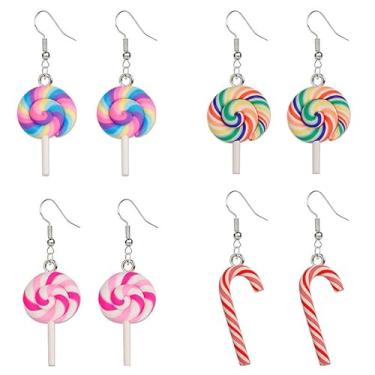 Imagem de ONLYJUMP 2 pares de brincos de bengala doce de pirulito de Natal para mulheres engraçados alimentos coloridos espirais de bengala doce brincos de açúcar presente de Natal, Large, Liga de aço, Zircônia