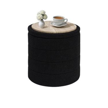 Imagem de CAIPINFUL Otomano redondo com armazenamento, mesa de centro boucle otomana, apoio para os pés para corredor, sala de estar, quarto, preto