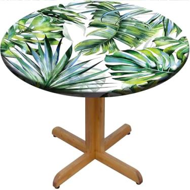 Imagem de EGVRNFJM Toalha de mesa redonda de folha de palmeira de verão, planta de selva verde, borda elástica, capa de mesa para acampamento ao ar livre, serve para mesas de até 71 cm de diâmetro